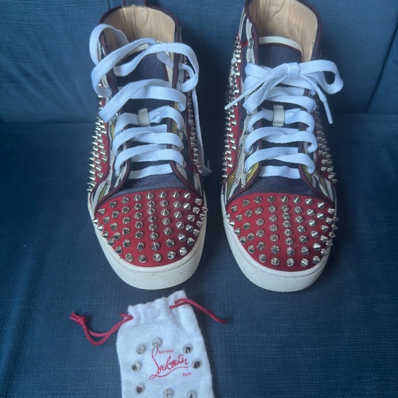 Christian Louboutin Red and Denim Spikes - Picture 3 of 10